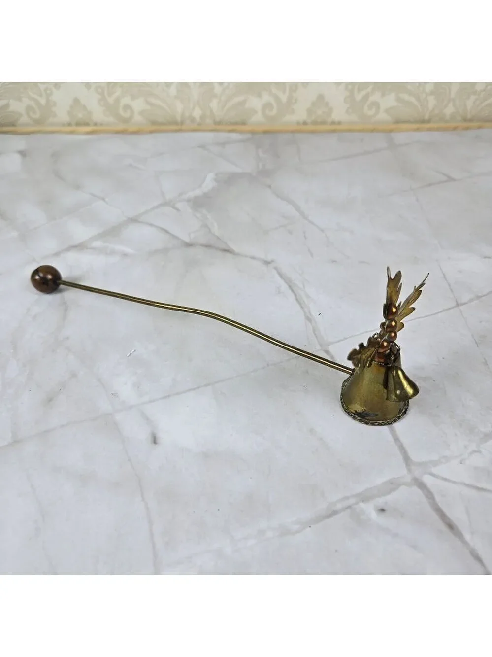 Vintage Brass & Copper Candle Snuffer Holly Leaves & Berries with Bell Christmas